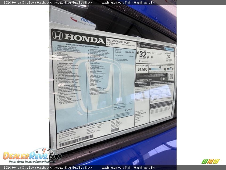2020 Honda Civic Sport Hatchback Aegean Blue Metallic / Black Photo #15