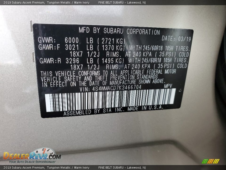 2019 Subaru Ascent Premium Tungsten Metallic / Warm Ivory Photo #24