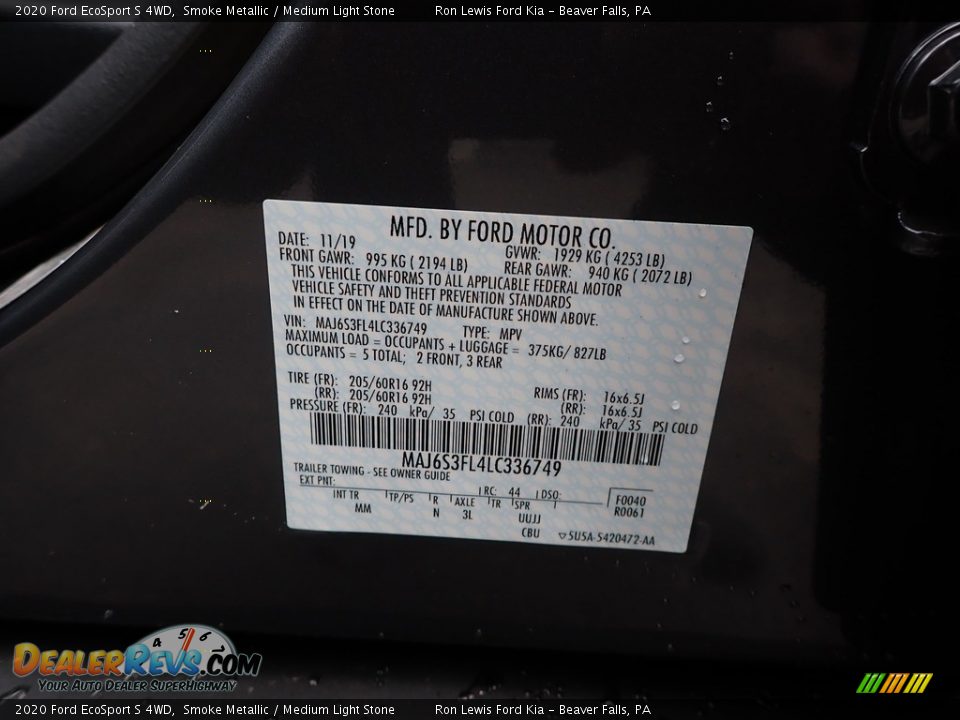 2020 Ford EcoSport S 4WD Smoke Metallic / Medium Light Stone Photo #11