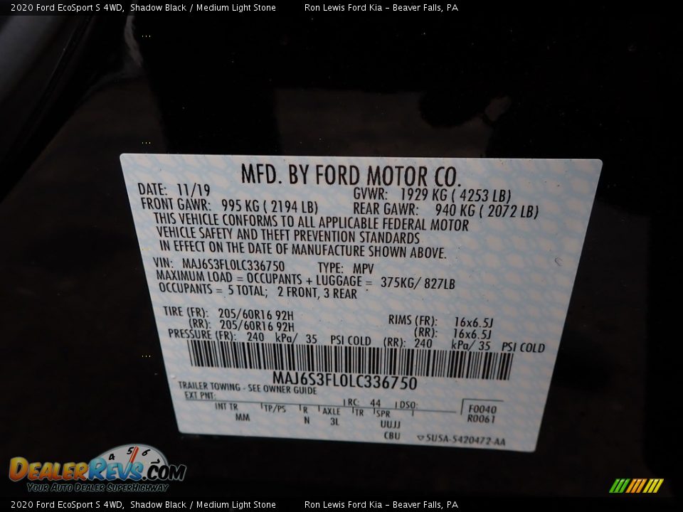 2020 Ford EcoSport S 4WD Shadow Black / Medium Light Stone Photo #11