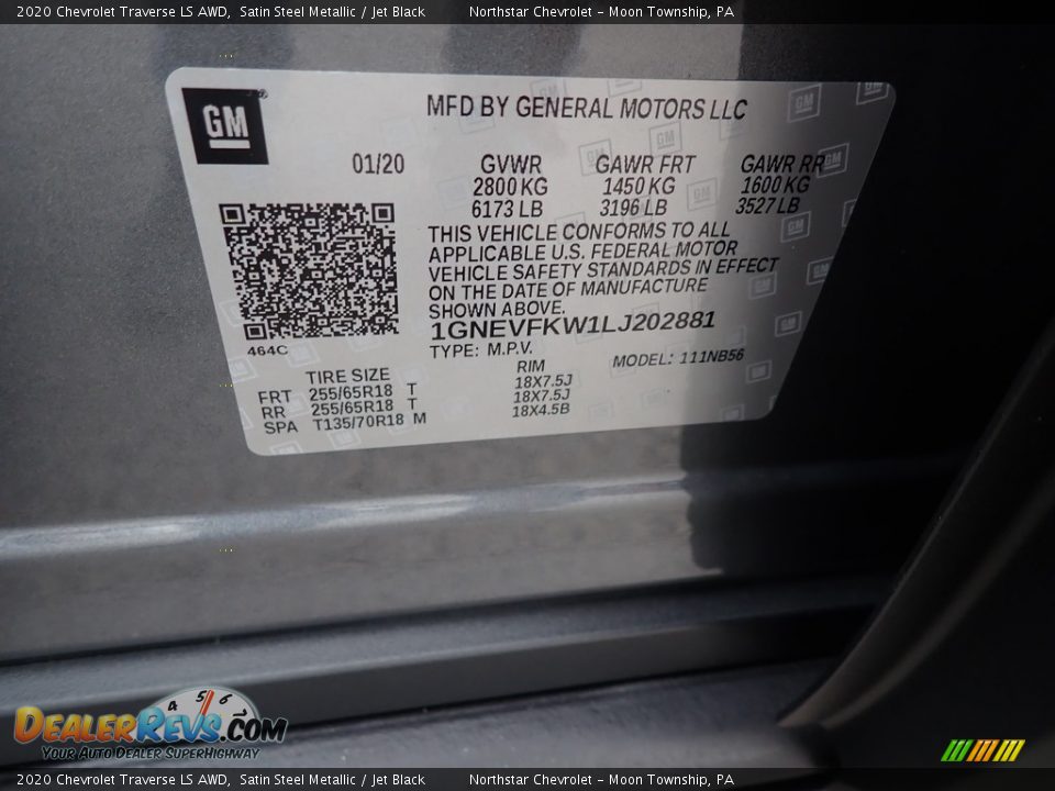 2020 Chevrolet Traverse LS AWD Satin Steel Metallic / Jet Black Photo #16