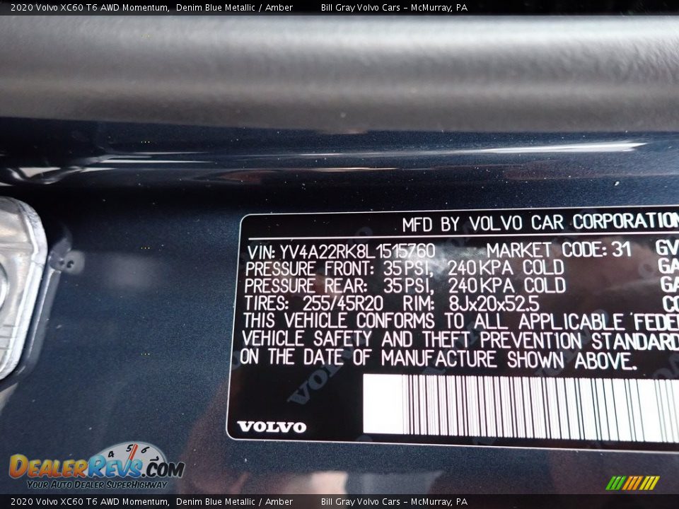 2020 Volvo XC60 T6 AWD Momentum Denim Blue Metallic / Amber Photo #11