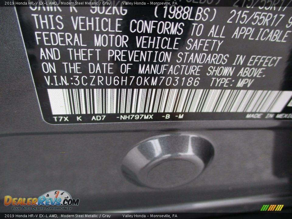 2019 Honda HR-V EX-L AWD Modern Steel Metallic / Gray Photo #19