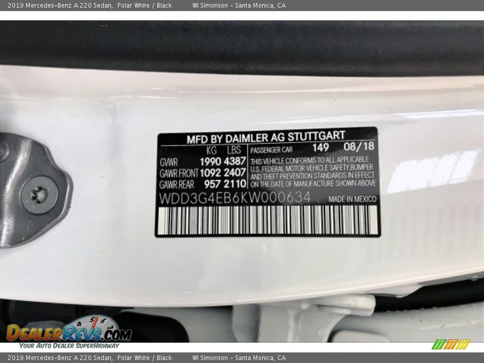 2019 Mercedes-Benz A 220 Sedan Polar White / Black Photo #11