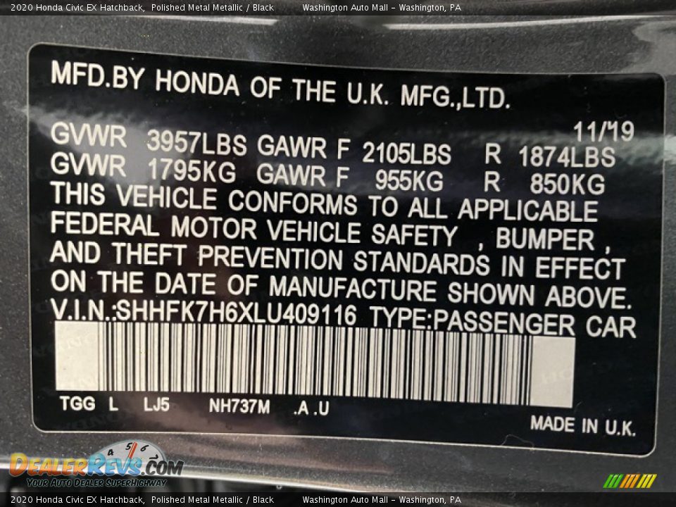 2020 Honda Civic EX Hatchback Polished Metal Metallic / Black Photo #9