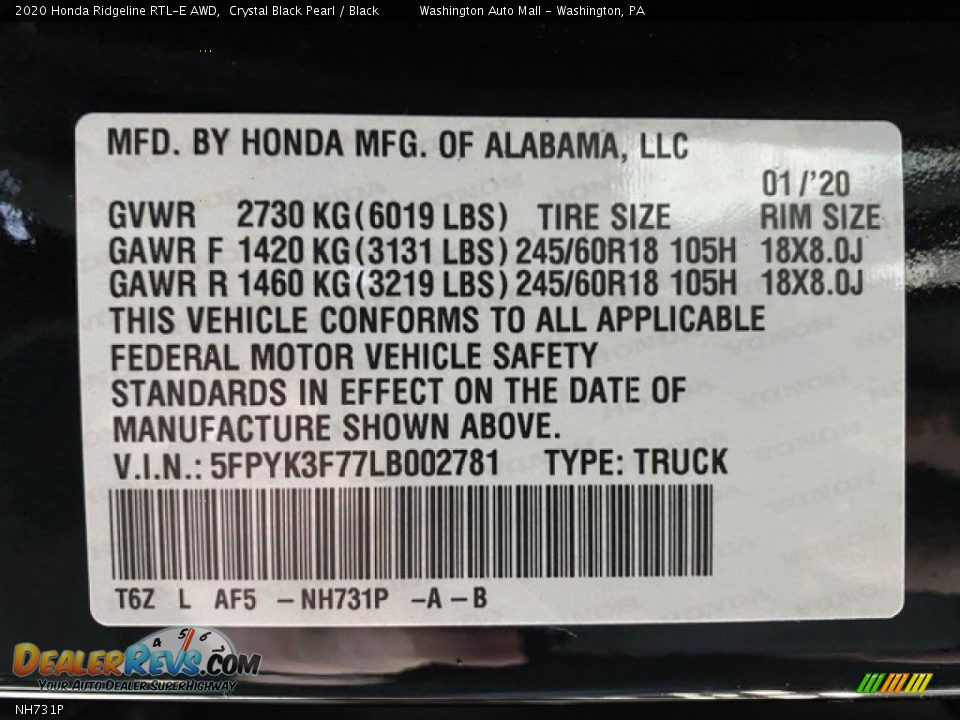 Honda Color Code NH731P Crystal Black Pearl