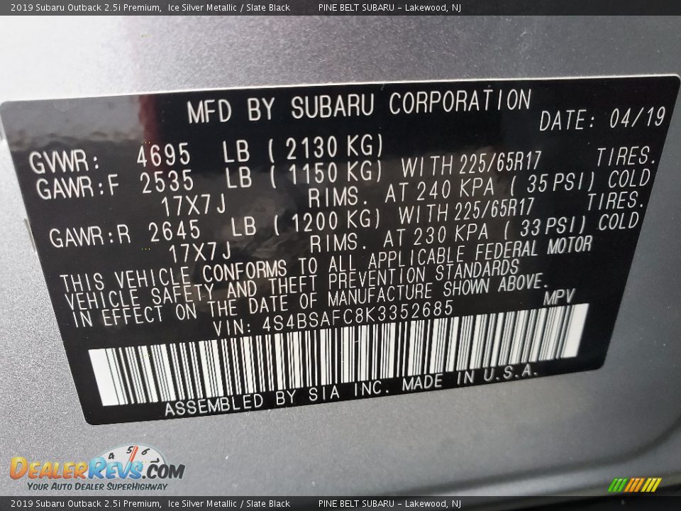 2019 Subaru Outback 2.5i Premium Ice Silver Metallic / Slate Black Photo #21