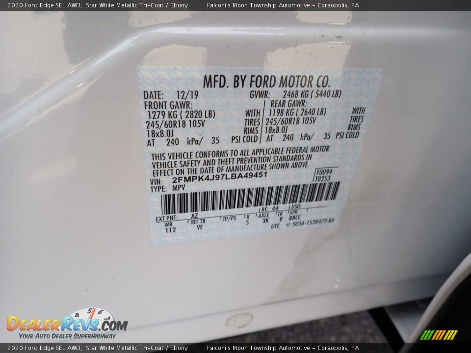 2020 Ford Edge SEL AWD Star White Metallic Tri-Coat / Ebony Photo #10
