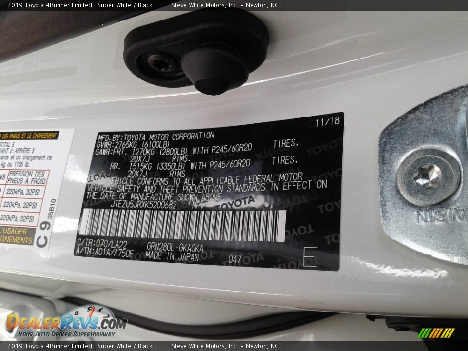 2019 Toyota 4Runner Limited Super White / Black Photo #32