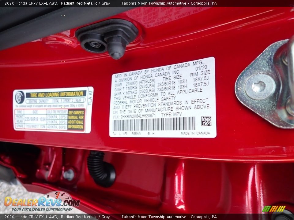2020 Honda CR-V EX-L AWD Radiant Red Metallic / Gray Photo #12