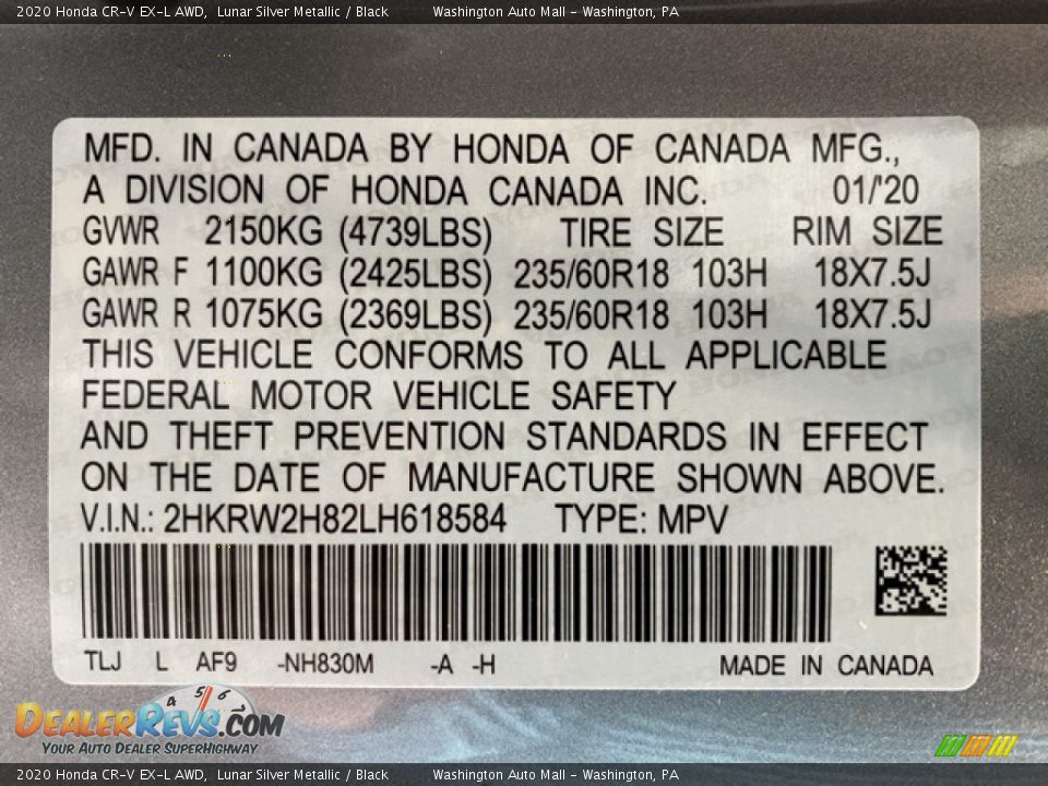 2020 Honda CR-V EX-L AWD Lunar Silver Metallic / Black Photo #9