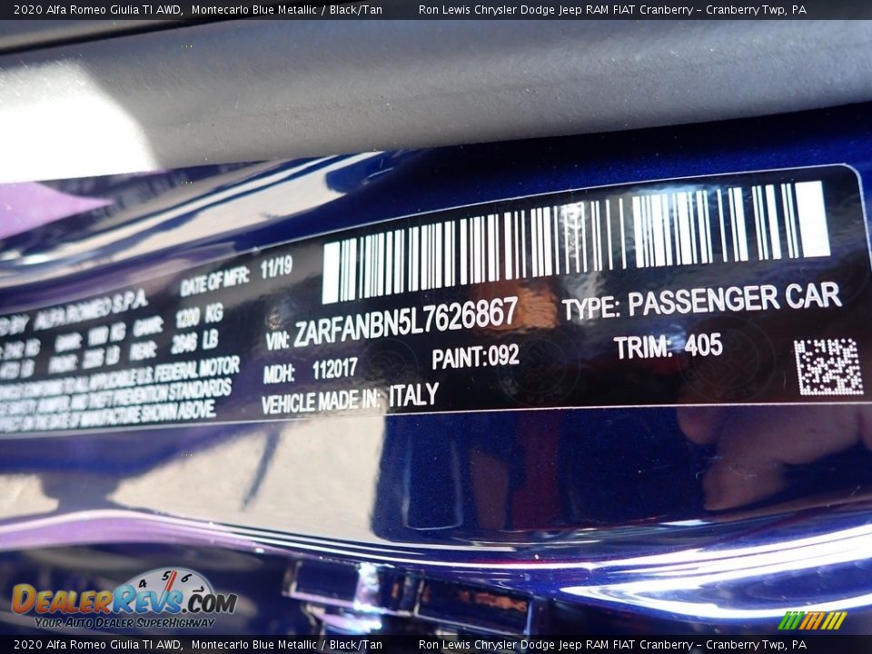 2020 Alfa Romeo Giulia TI AWD Montecarlo Blue Metallic / Black/Tan Photo #17