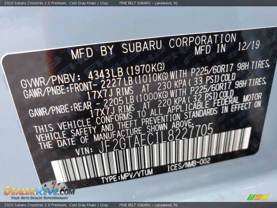 2020 Subaru Crosstrek 2.0 Premium Cool Gray Khaki / Gray Photo #9