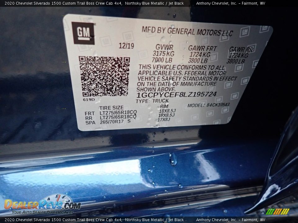 2020 Chevrolet Silverado 1500 Custom Trail Boss Crew Cab 4x4 Northsky Blue Metallic / Jet Black Photo #14