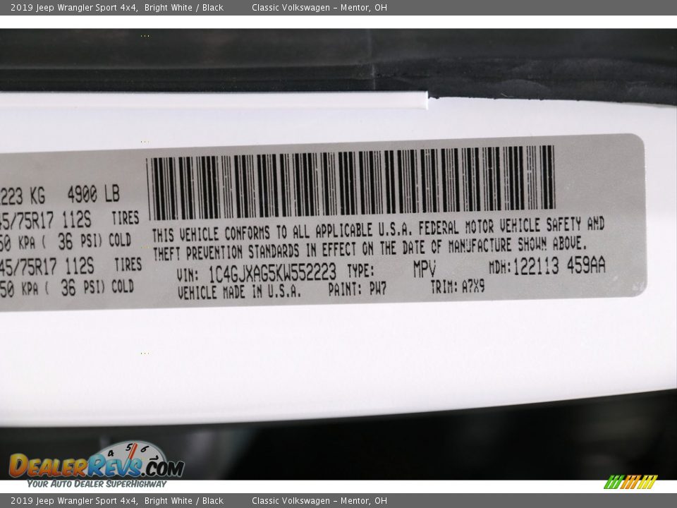 2019 Jeep Wrangler Sport 4x4 Bright White / Black Photo #21