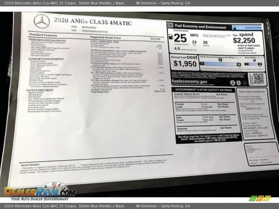 2020 Mercedes-Benz CLA AMG 35 Coupe Window Sticker Photo #11