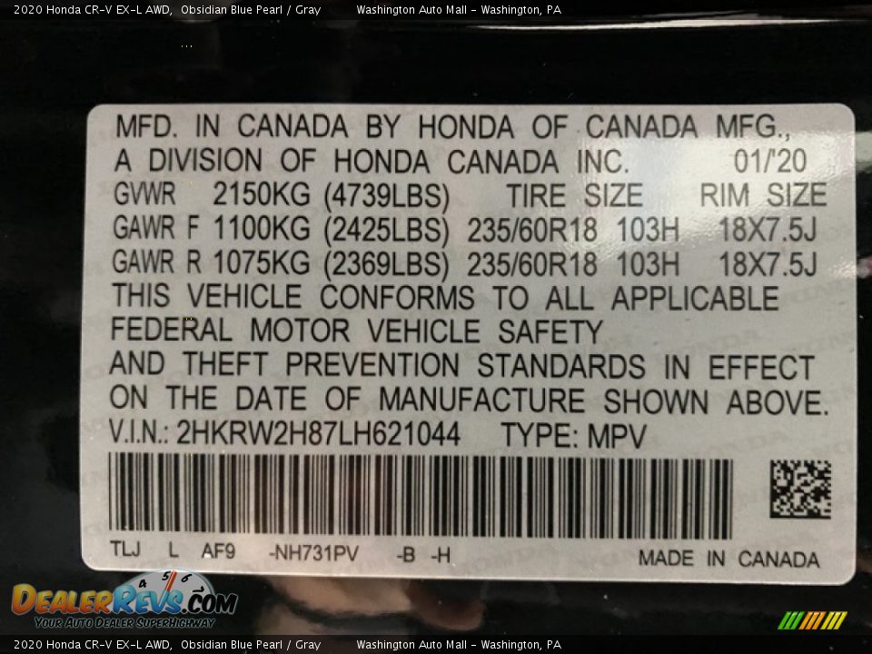 2020 Honda CR-V EX-L AWD Obsidian Blue Pearl / Gray Photo #9
