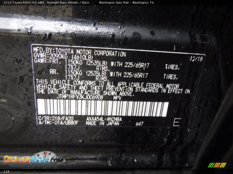 Toyota Color Code 218 Midnight Black Metallic