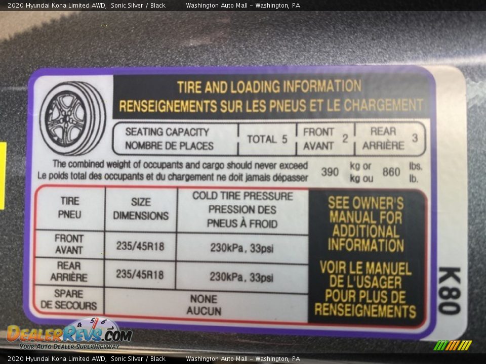Info Tag of 2020 Hyundai Kona Limited AWD Photo #8