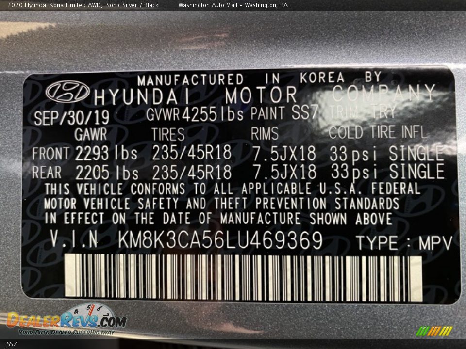 Hyundai Color Code SS7 Sonic Silver