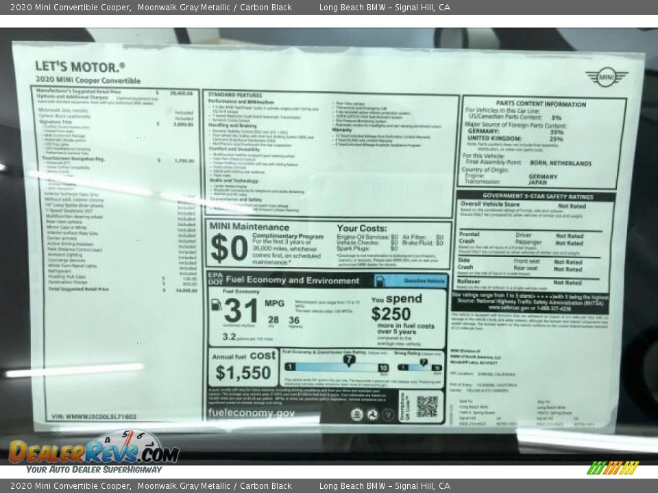 2020 Mini Convertible Cooper Moonwalk Gray Metallic / Carbon Black Photo #10
