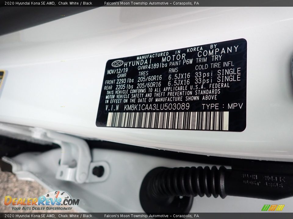 2020 Hyundai Kona SE AWD Chalk White / Black Photo #13