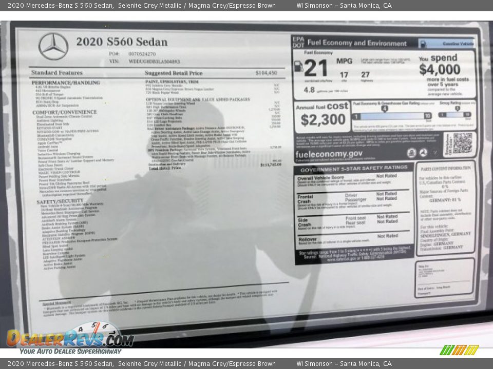 2020 Mercedes-Benz S 560 Sedan Window Sticker Photo #10