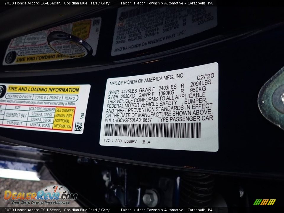 2020 Honda Accord EX-L Sedan Obsidian Blue Pearl / Gray Photo #12