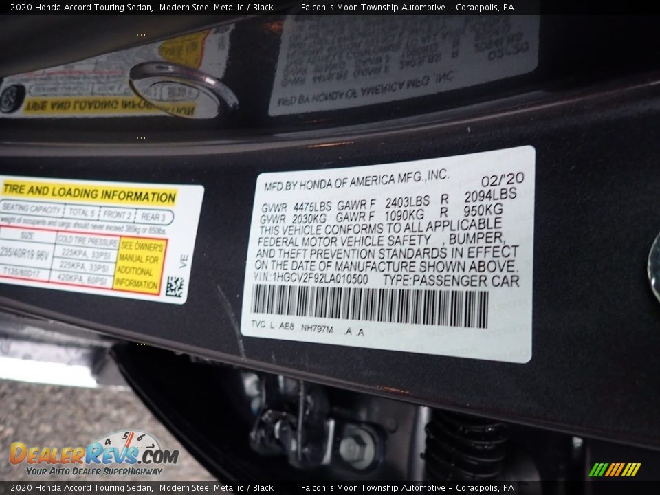 2020 Honda Accord Touring Sedan Modern Steel Metallic / Black Photo #12