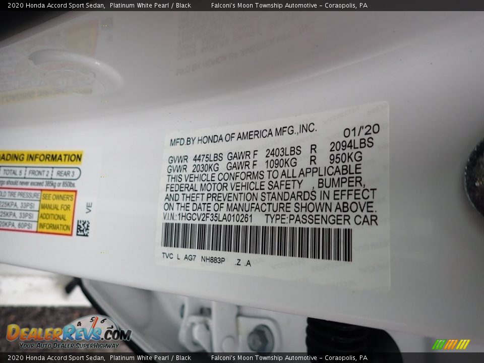 2020 Honda Accord Sport Sedan Platinum White Pearl / Black Photo #12