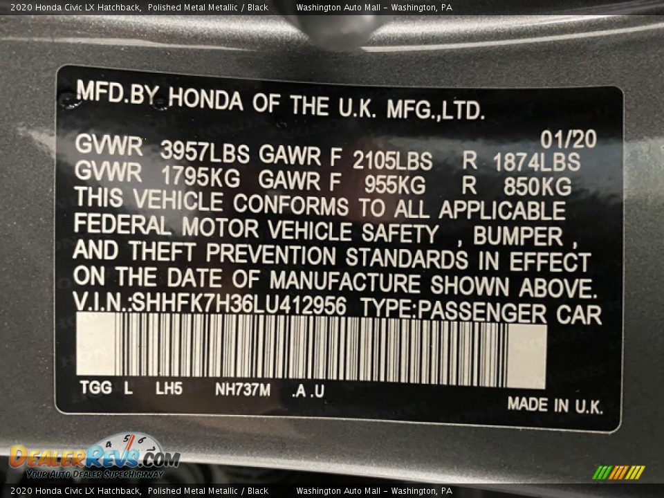 2020 Honda Civic LX Hatchback Polished Metal Metallic / Black Photo #9