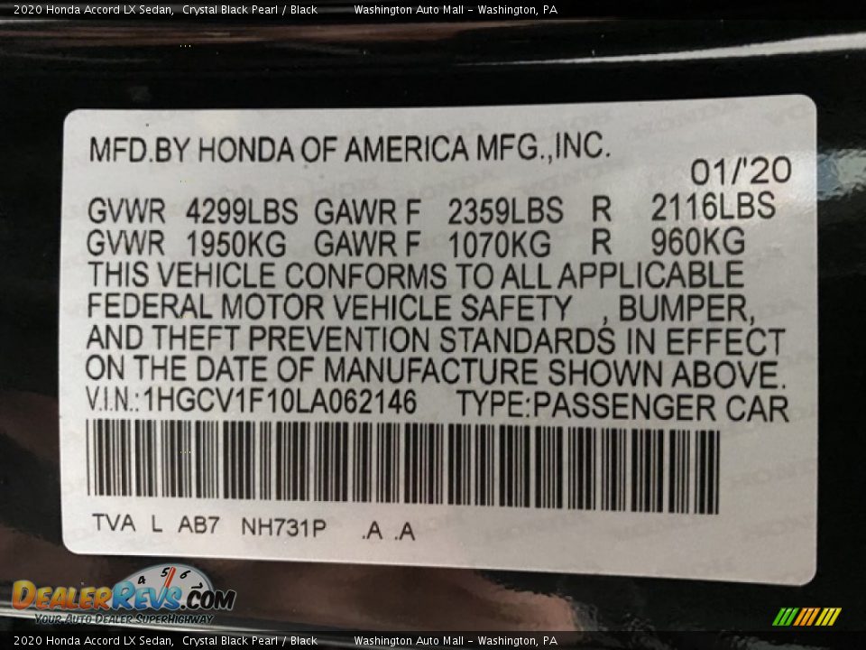 2020 Honda Accord LX Sedan Crystal Black Pearl / Black Photo #9