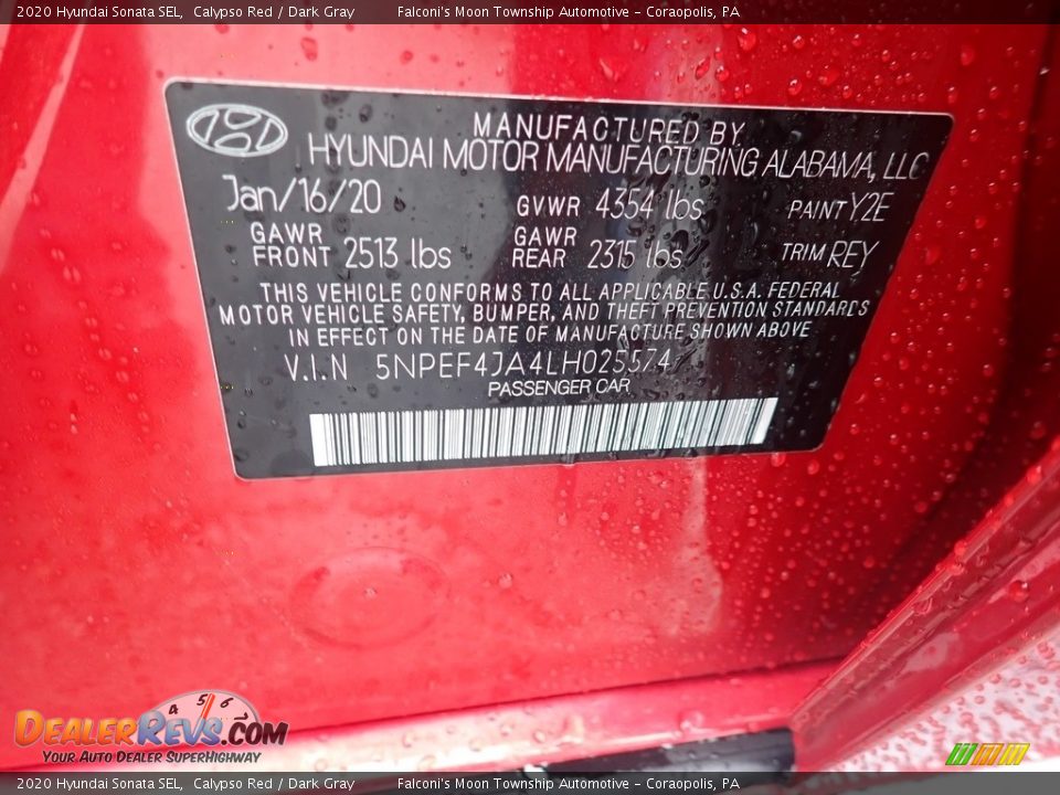 2020 Hyundai Sonata SEL Calypso Red / Dark Gray Photo #12