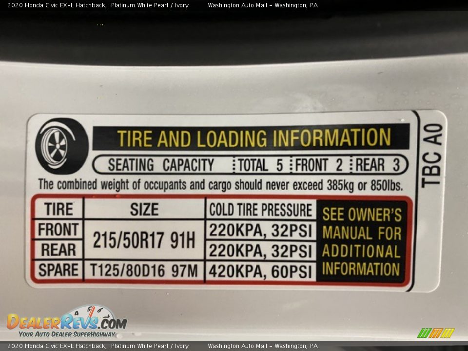 2020 Honda Civic EX-L Hatchback Platinum White Pearl / Ivory Photo #8