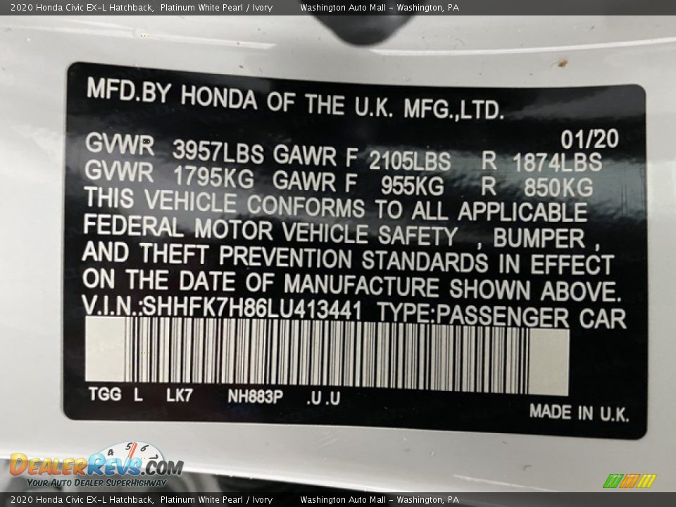 2020 Honda Civic EX-L Hatchback Platinum White Pearl / Ivory Photo #9