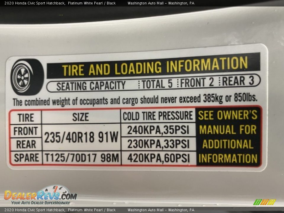 2020 Honda Civic Sport Hatchback Platinum White Pearl / Black Photo #8