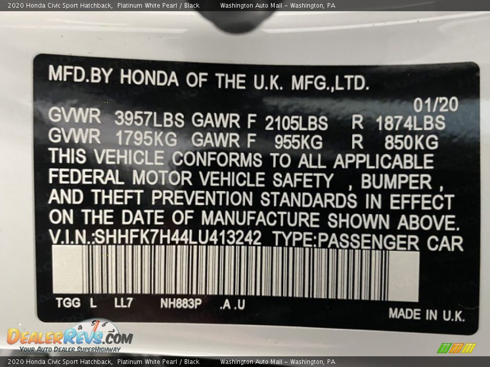 2020 Honda Civic Sport Hatchback Platinum White Pearl / Black Photo #9