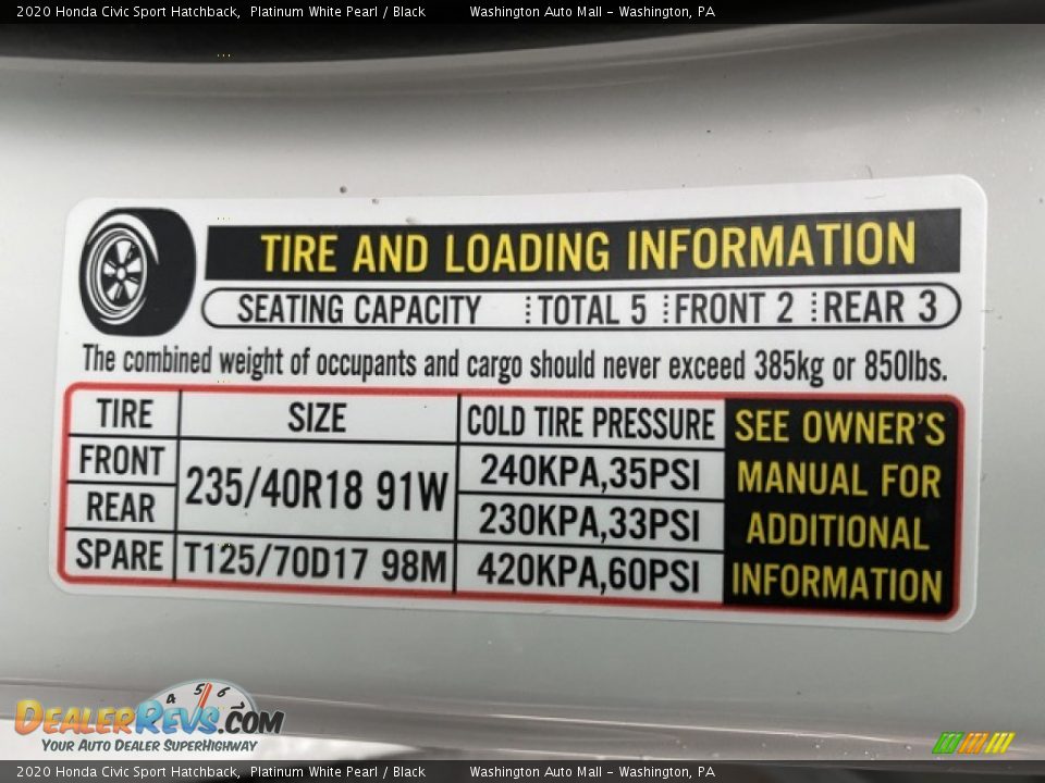 2020 Honda Civic Sport Hatchback Platinum White Pearl / Black Photo #8