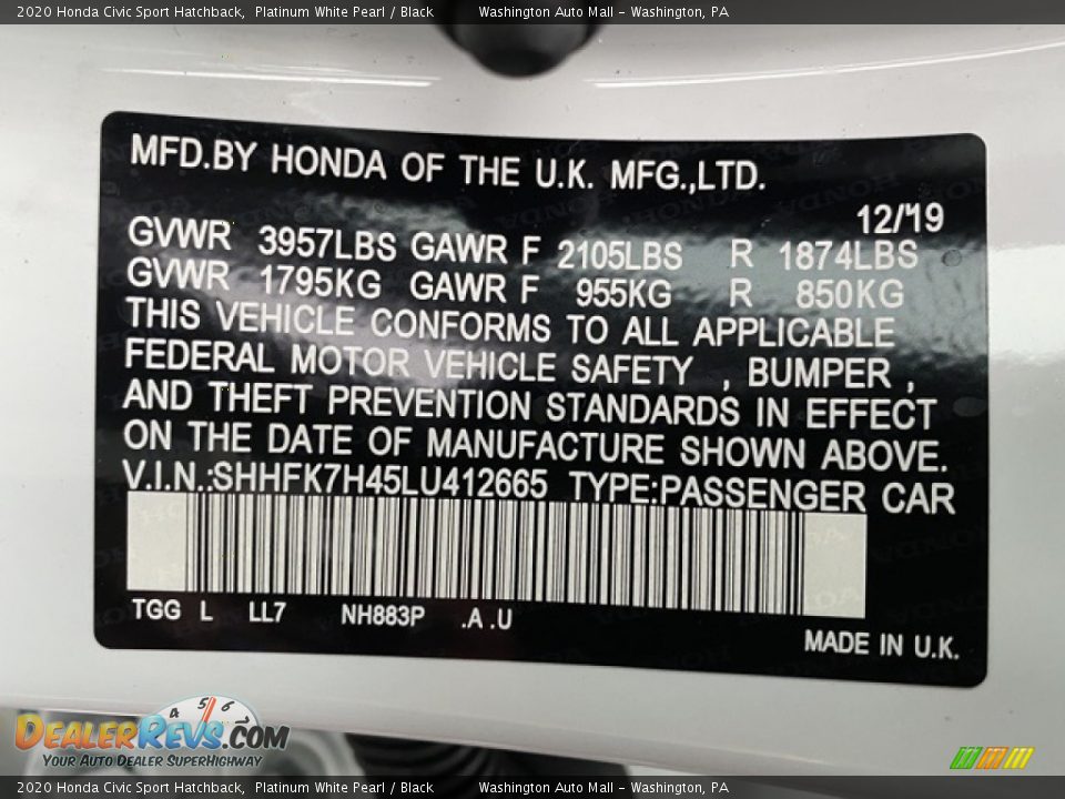 2020 Honda Civic Sport Hatchback Platinum White Pearl / Black Photo #9