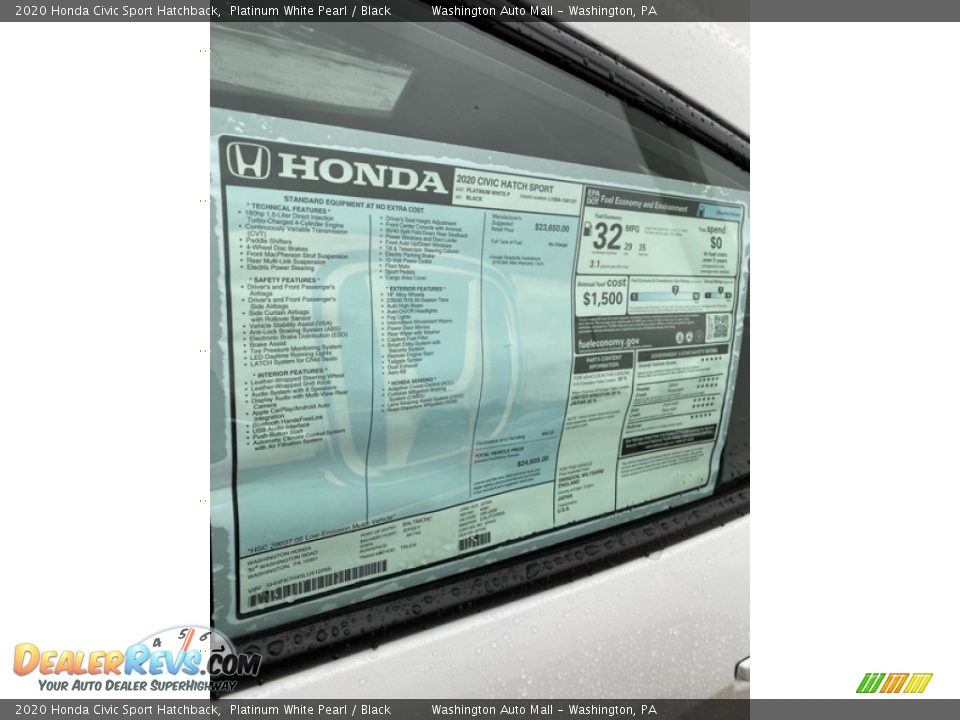 2020 Honda Civic Sport Hatchback Platinum White Pearl / Black Photo #15