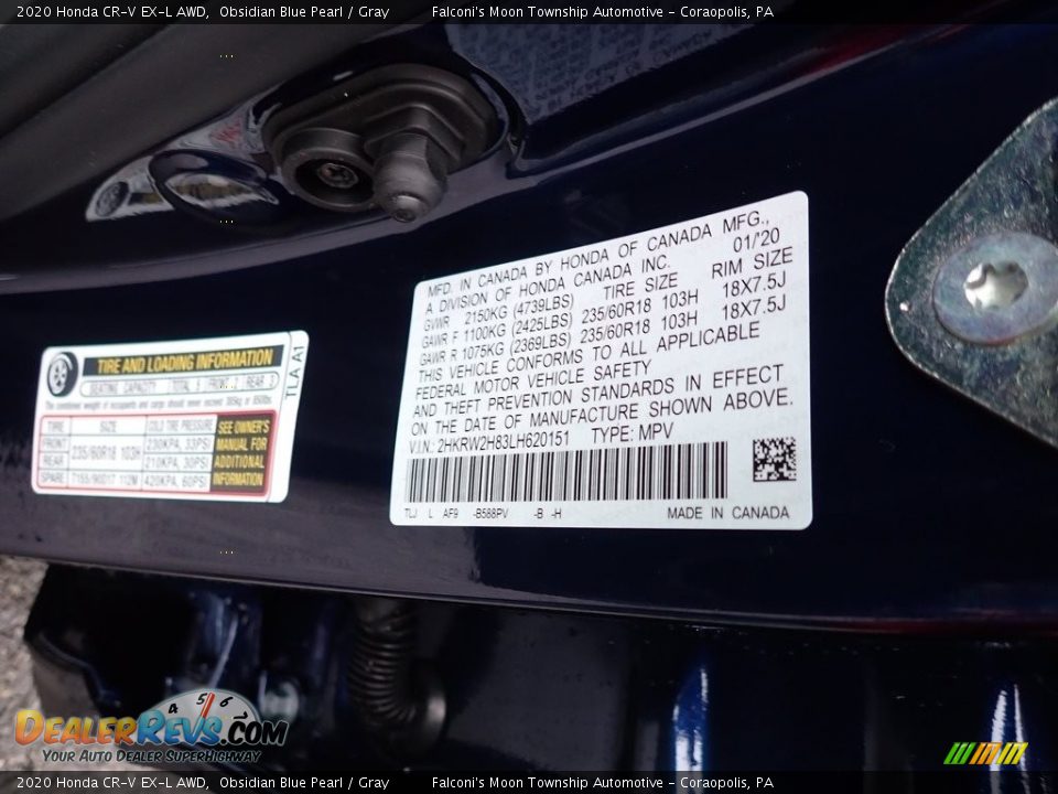 2020 Honda CR-V EX-L AWD Obsidian Blue Pearl / Gray Photo #12