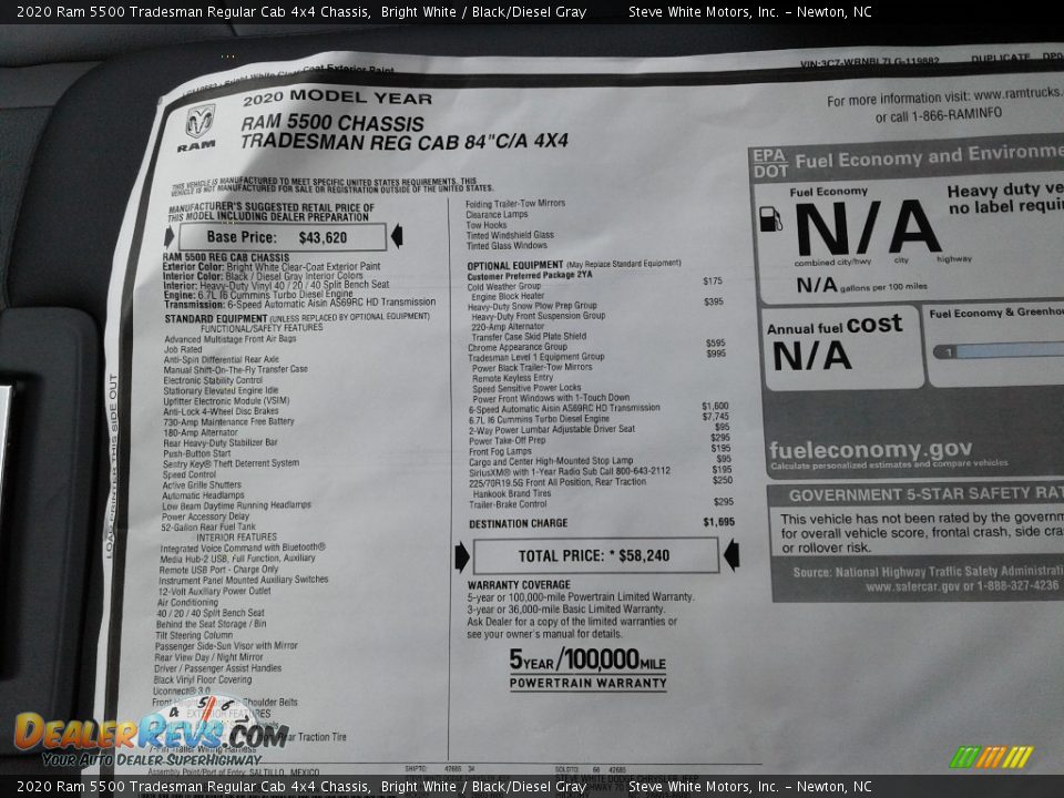 2020 Ram 5500 Tradesman Regular Cab 4x4 Chassis Window Sticker Photo #22