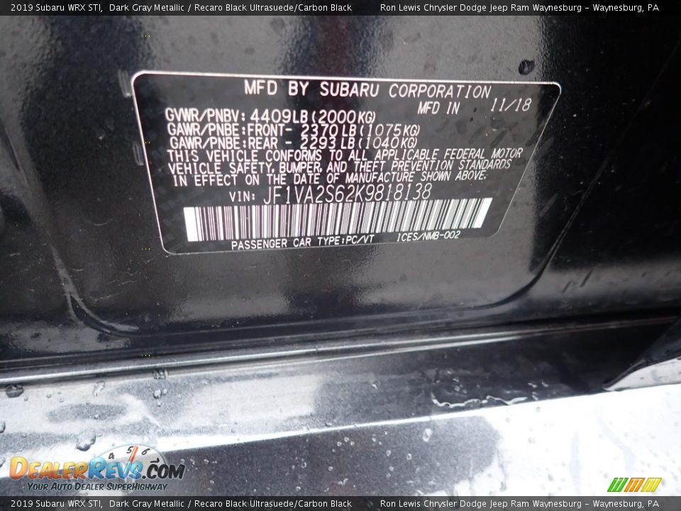 2019 Subaru WRX STI Dark Gray Metallic / Recaro Black Ultrasuede/Carbon Black Photo #15