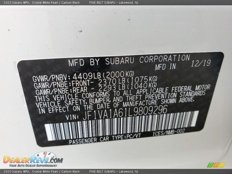 2020 Subaru WRX Crystal White Pearl / Carbon Black Photo #9
