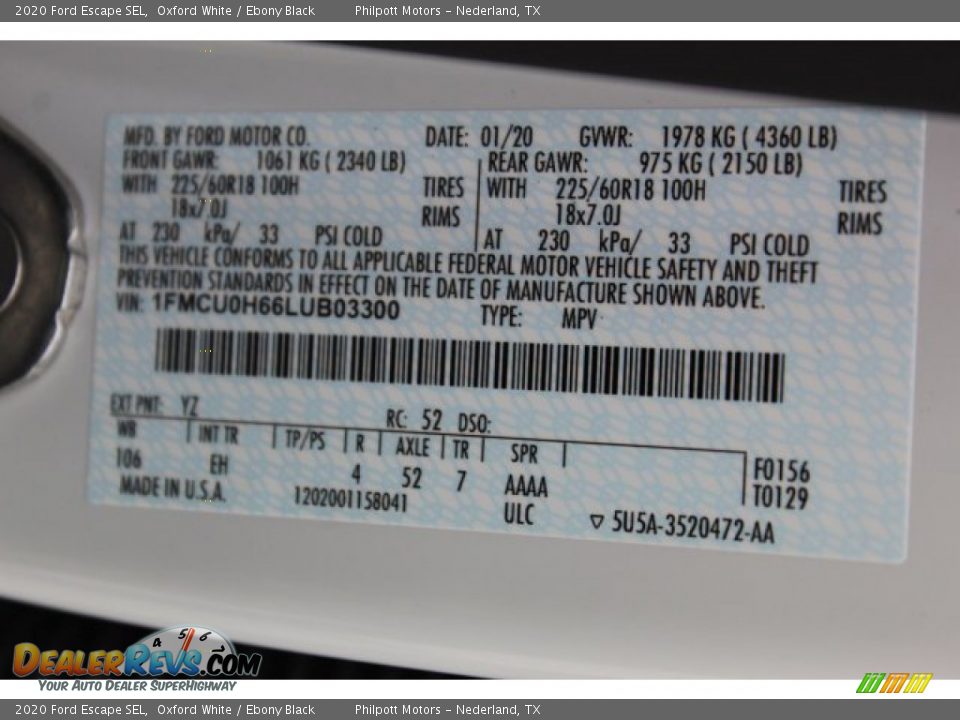 2020 Ford Escape SEL Oxford White / Ebony Black Photo #25