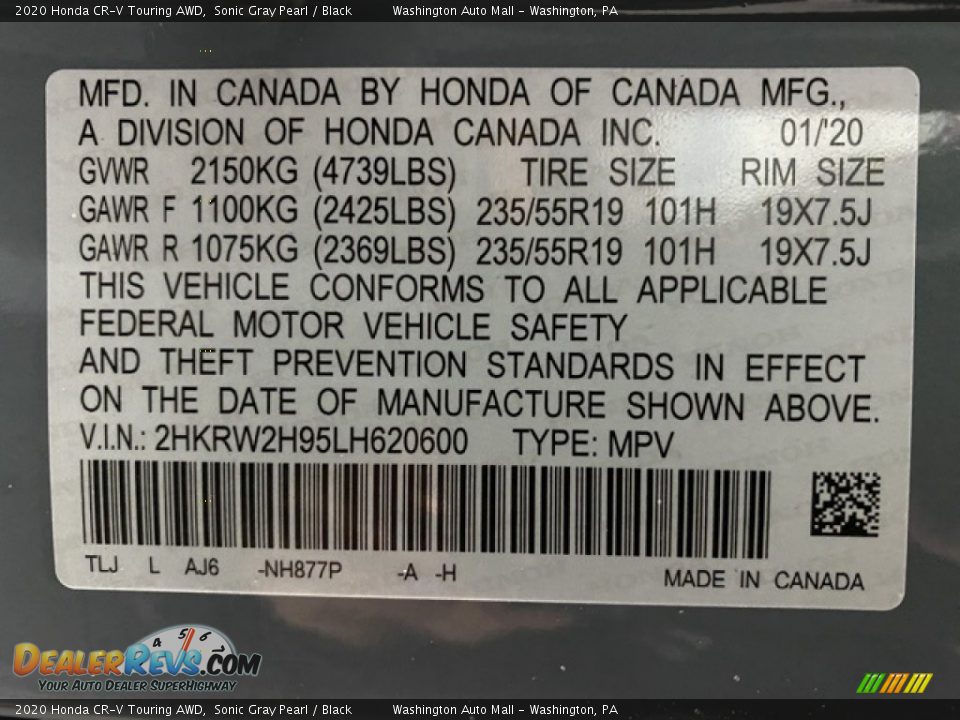2020 Honda CR-V Touring AWD Sonic Gray Pearl / Black Photo #9