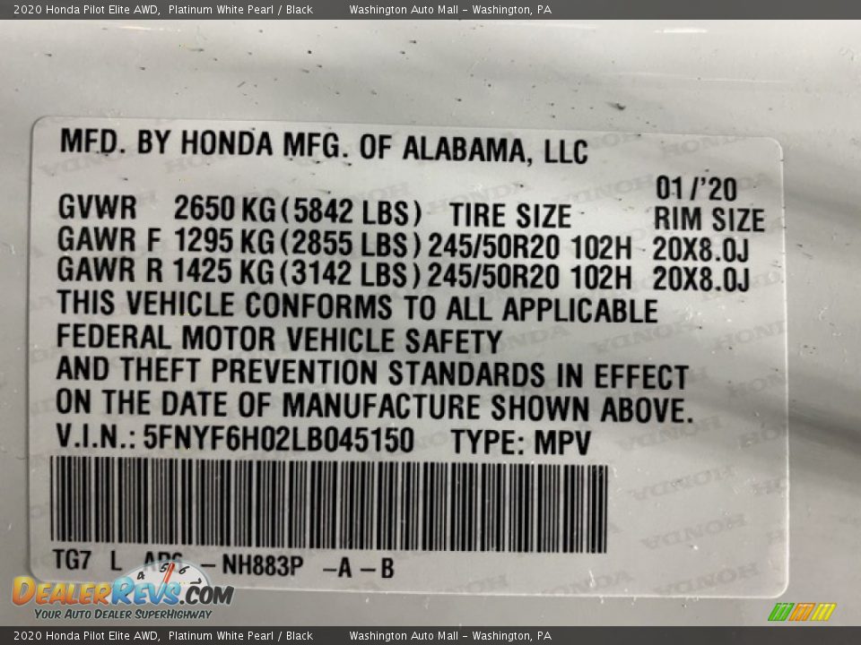 2020 Honda Pilot Elite AWD Platinum White Pearl / Black Photo #9