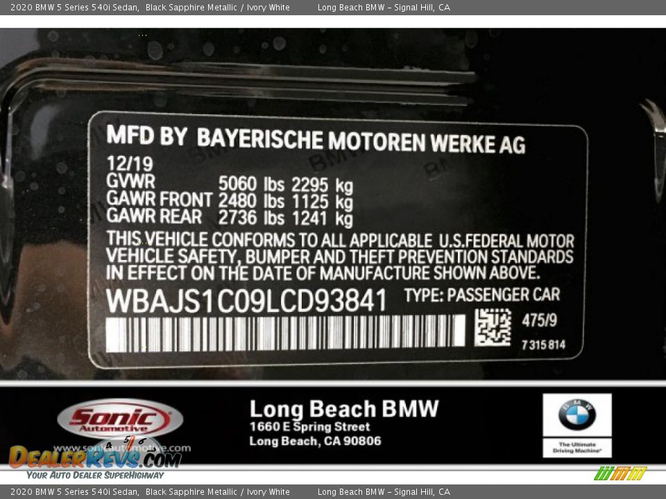 2020 BMW 5 Series 540i Sedan Black Sapphire Metallic / Ivory White Photo #11