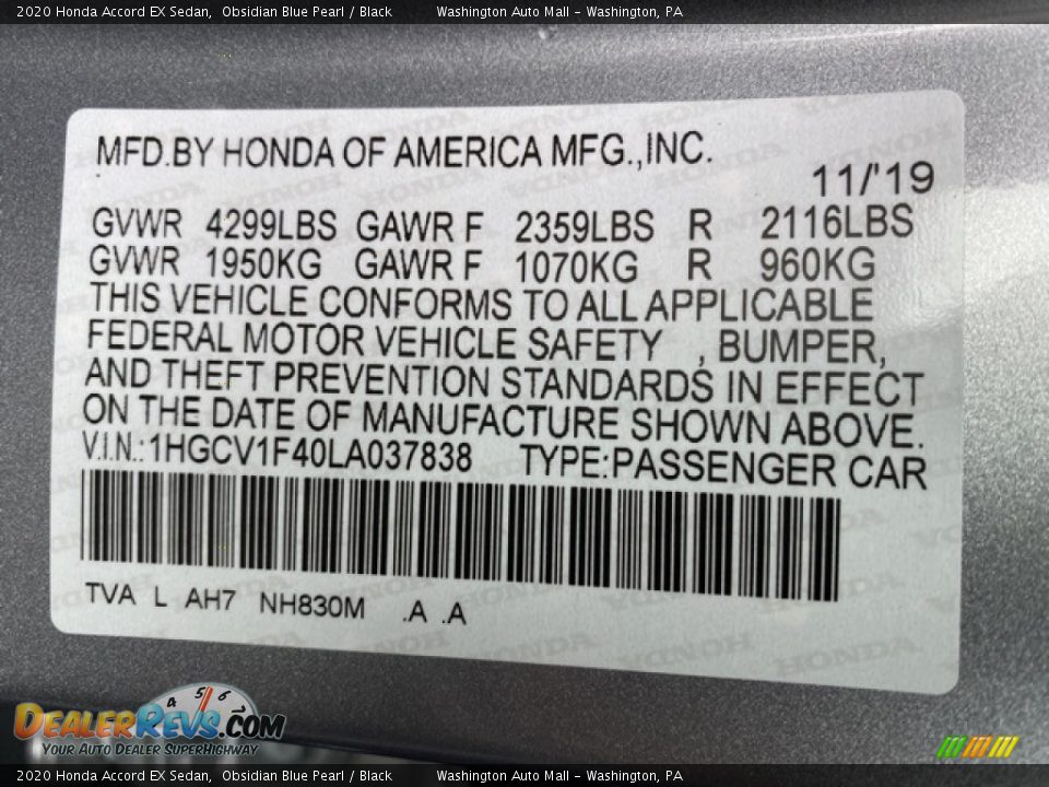 2020 Honda Accord EX Sedan Obsidian Blue Pearl / Black Photo #9