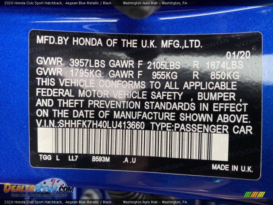 2020 Honda Civic Sport Hatchback Aegean Blue Metallic / Black Photo #9